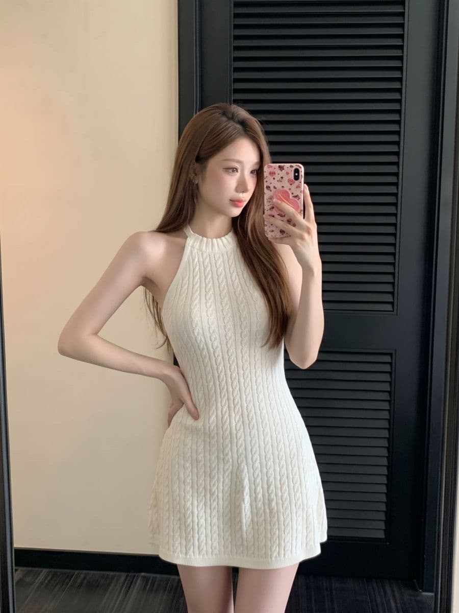 프랑스식 순수한 욕망 바람 니트 행침 목 여성 드레스 화이트 민소매 미니 스커트 품격 A라인 스커트 상세 이미지 3