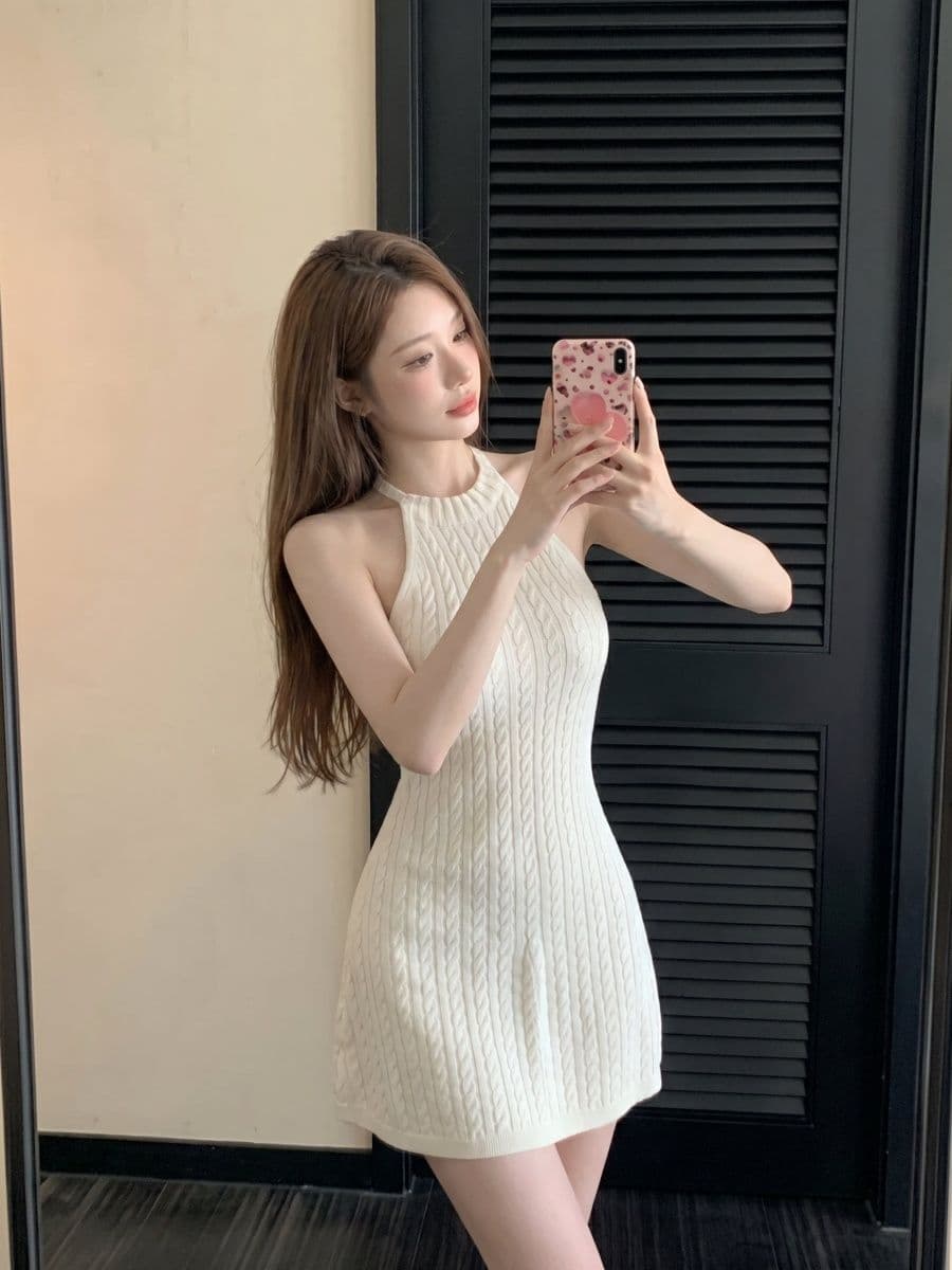 프랑스식 순수한 욕망 바람 니트 행침 목 여성 드레스 화이트 민소매 미니 스커트 품격 A라인 스커트 상세 이미지 4