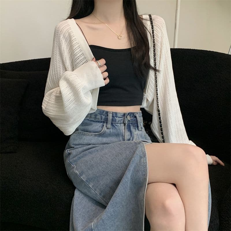 여름 얇은 스타일 에어컨 블라우스 여성 뜨개질 긴팔 자외선 차단 의류 쇼트 스타일 외부 가져 가라. 카디건 코트 작은 샤넬 스타일 상세 이미지 5