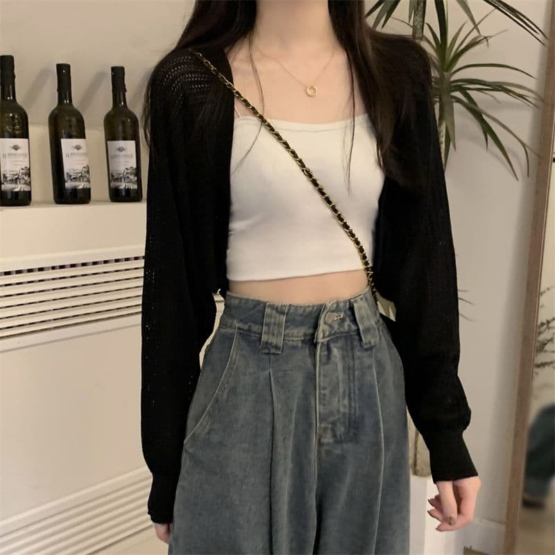 여름 얇은 스타일 에어컨 블라우스 여성 뜨개질 긴팔 자외선 차단 의류 쇼트 스타일 외부 가져 가라. 카디건 코트 작은 샤넬 스타일 상세 이미지 11