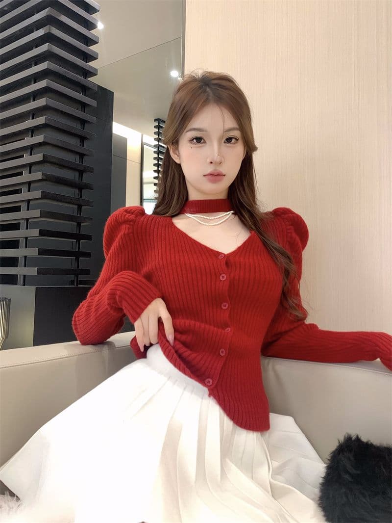 프랑스식 V넥 긴팔 니트 오픈 가디건 여성 가을 품격 행침 목 디자인 센스 몸매 가꾸기 맨위 스웨터