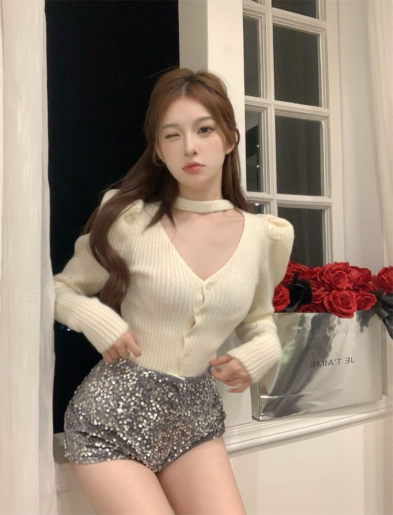 프랑스식 V넥 긴팔 니트 오픈 가디건 여성 가을 품격 행침 목 디자인 센스 몸매 가꾸기 맨위 스웨터 상세 이미지 2