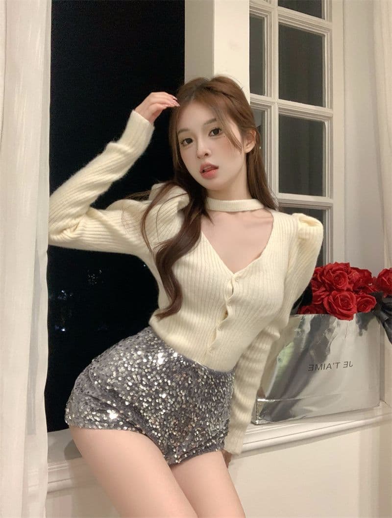 프랑스식 V넥 긴팔 니트 오픈 가디건 여성 가을 품격 행침 목 디자인 센스 몸매 가꾸기 맨위 스웨터 상세 이미지 3