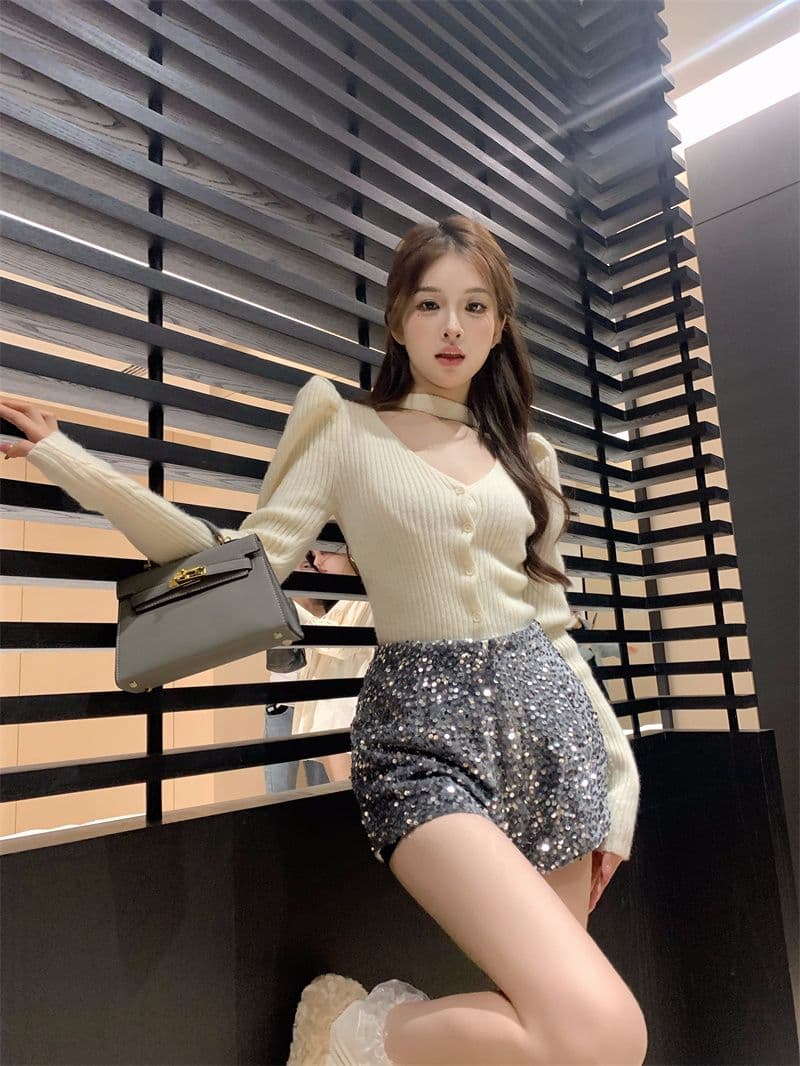 프랑스식 V넥 긴팔 니트 오픈 가디건 여성 가을 품격 행침 목 디자인 센스 몸매 가꾸기 맨위 스웨터 상세 이미지 5