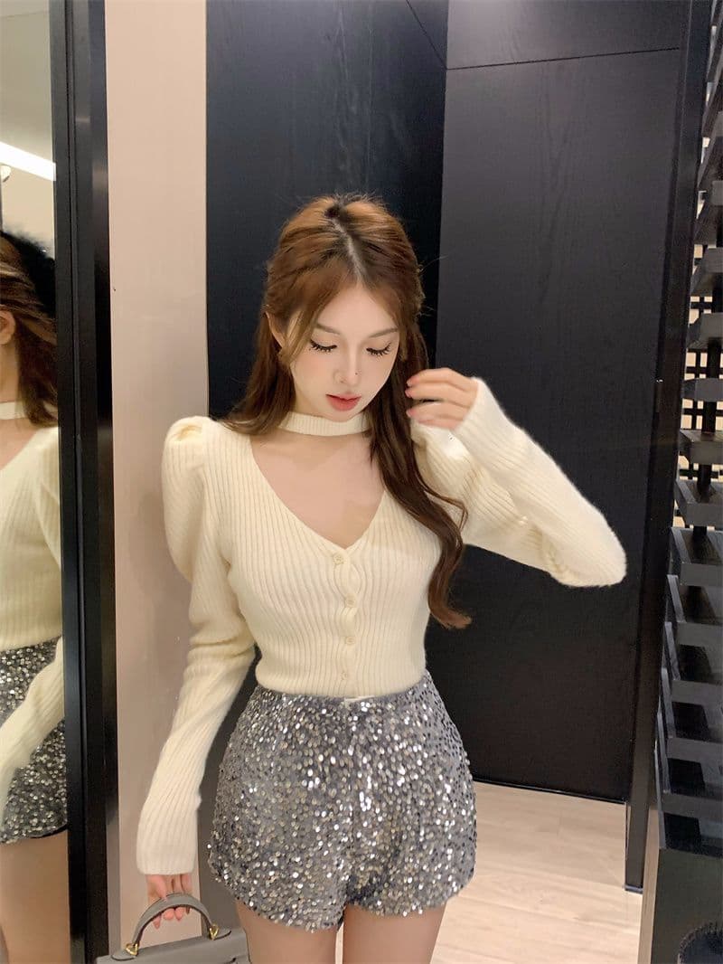 프랑스식 V넥 긴팔 니트 오픈 가디건 여성 가을 품격 행침 목 디자인 센스 몸매 가꾸기 맨위 스웨터 상세 이미지 6