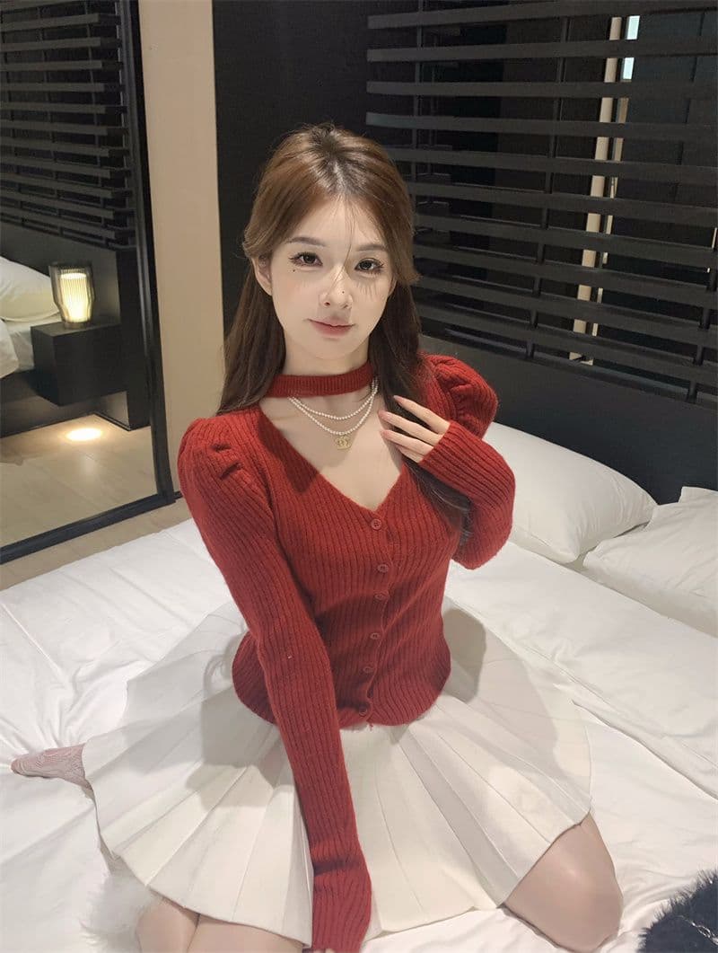프랑스식 V넥 긴팔 니트 오픈 가디건 여성 가을 품격 행침 목 디자인 센스 몸매 가꾸기 맨위 스웨터 상세 이미지 32