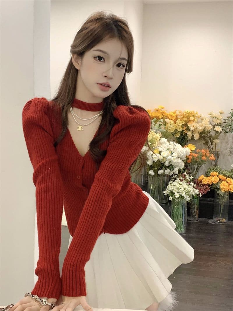 프랑스식 V넥 긴팔 니트 오픈 가디건 여성 가을 품격 행침 목 디자인 센스 몸매 가꾸기 맨위 스웨터 상세 이미지 35
