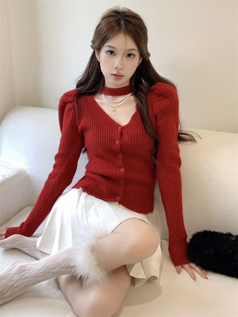 프랑스식 V넥 긴팔 니트 오픈 가디건 여성 가을 품격 행침 목 디자인 센스 몸매 가꾸기 맨위 스웨터 상세 이미지 38
