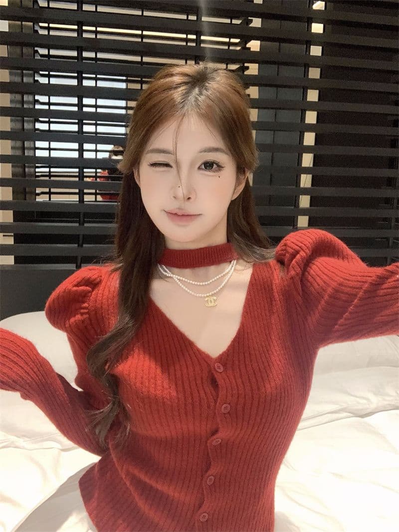 프랑스식 V넥 긴팔 니트 오픈 가디건 여성 가을 품격 행침 목 디자인 센스 몸매 가꾸기 맨위 스웨터 상세 이미지 39