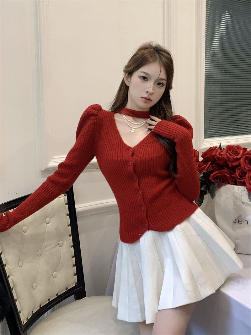 프랑스식 V넥 긴팔 니트 오픈 가디건 여성 가을 품격 행침 목 디자인 센스 몸매 가꾸기 맨위 스웨터 상세 이미지 42