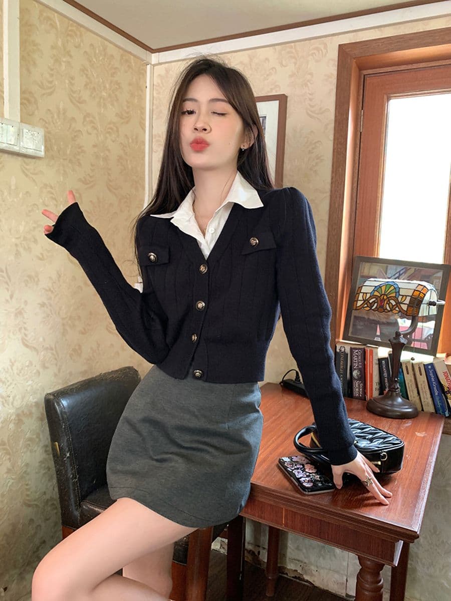 페이크 레이어드 쇼트 스타일 니트 스웨터 여성 2026 새로운 POLO 칼라 몸매 가꾸기 디자인 센스 작은 대중 오픈 가디건 맨위 이미지 3