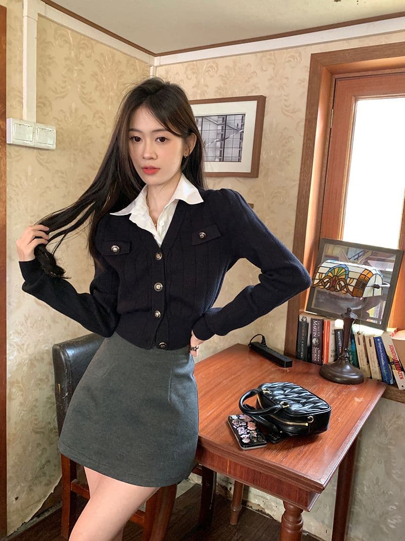 페이크 레이어드 쇼트 스타일 니트 스웨터 여성 2026 새로운 POLO 칼라 몸매 가꾸기 디자인 센스 작은 대중 오픈 가디건 맨위 상세 이미지 7