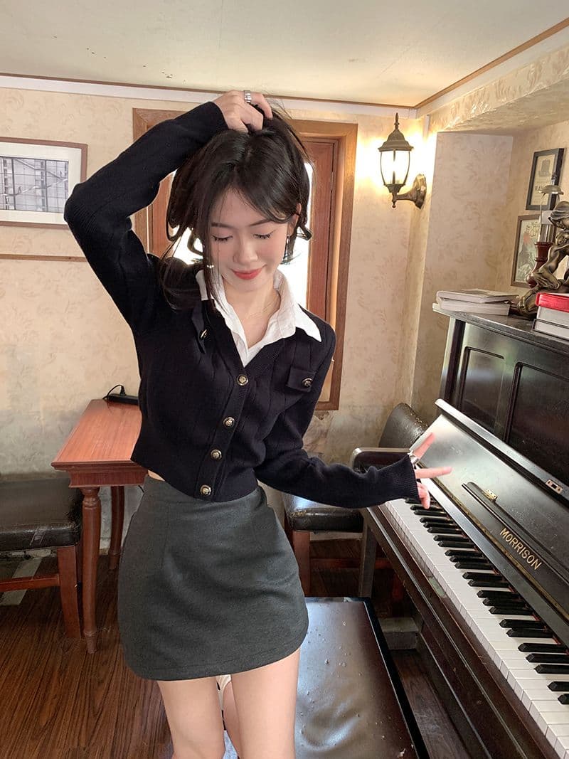 페이크 레이어드 쇼트 스타일 니트 스웨터 여성 2026 새로운 POLO 칼라 몸매 가꾸기 디자인 센스 작은 대중 오픈 가디건 맨위 상세 이미지 11