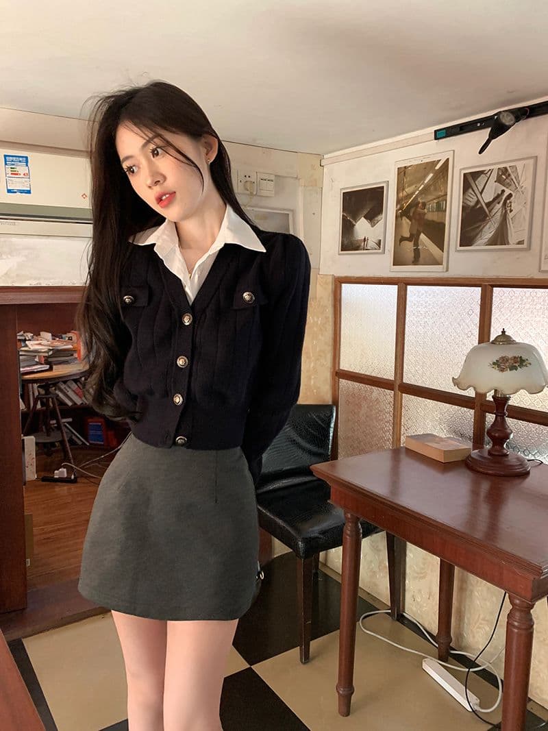 페이크 레이어드 쇼트 스타일 니트 스웨터 여성 2026 새로운 POLO 칼라 몸매 가꾸기 디자인 센스 작은 대중 오픈 가디건 맨위 상세 이미지 15
