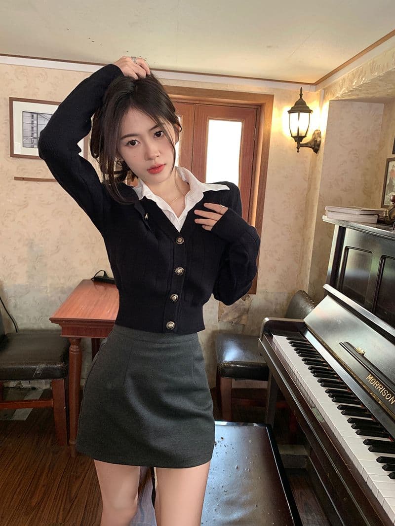 페이크 레이어드 쇼트 스타일 니트 스웨터 여성 2026 새로운 POLO 칼라 몸매 가꾸기 디자인 센스 작은 대중 오픈 가디건 맨위 상세 이미지 23