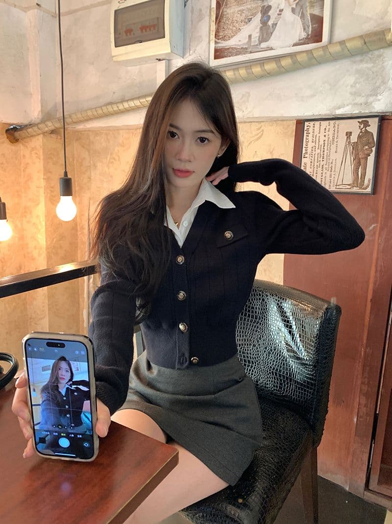 페이크 레이어드 쇼트 스타일 니트 스웨터 여성 2026 새로운 POLO 칼라 몸매 가꾸기 디자인 센스 작은 대중 오픈 가디건 맨위 상세 이미지 25