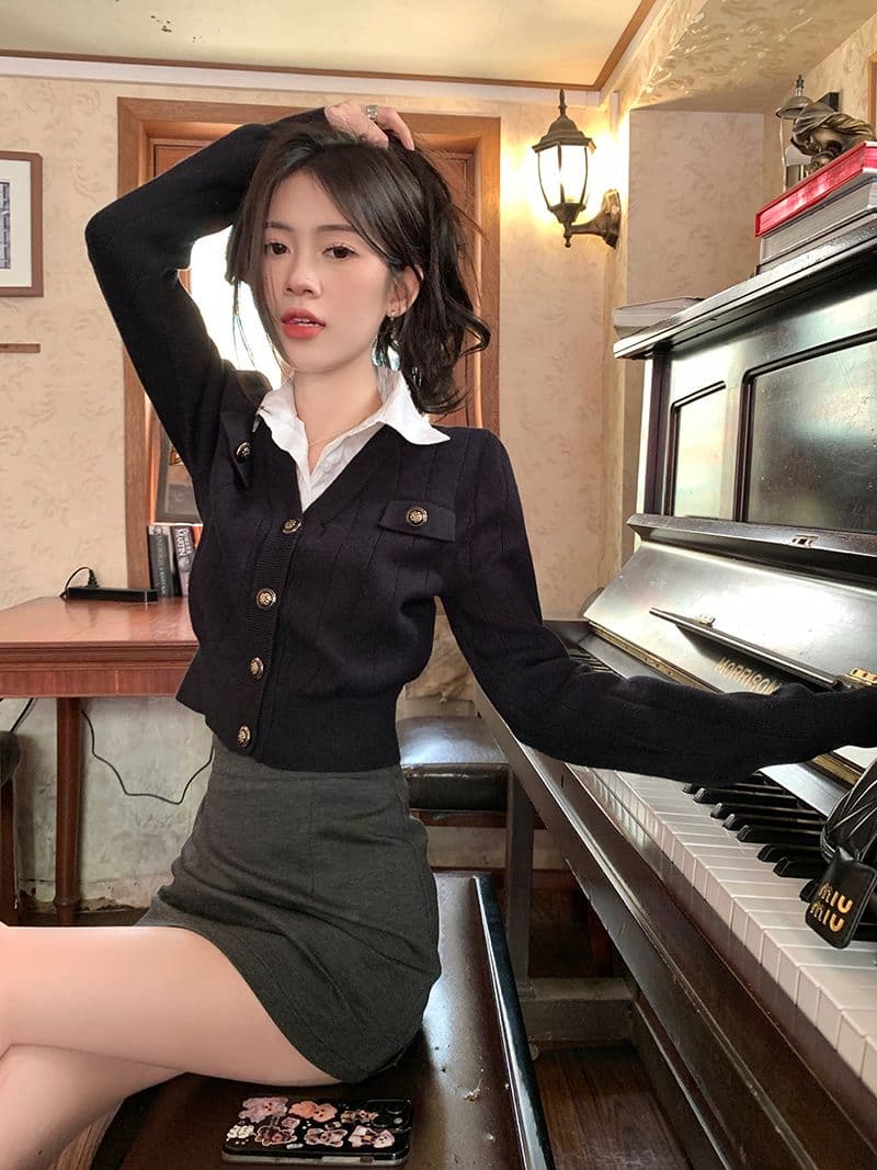 페이크 레이어드 쇼트 스타일 니트 스웨터 여성 2026 새로운 POLO 칼라 몸매 가꾸기 디자인 센스 작은 대중 오픈 가디건 맨위 상세 이미지 33