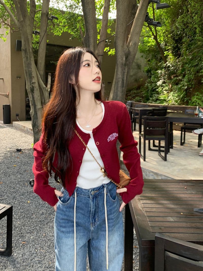 아메리칸 레트로 알파벳 프린트 니트 카디건 코트 여성 의류 이른 가을 핫걸 슬림해 보이는 쇼트 스타일 맨위 상세 이미지 2