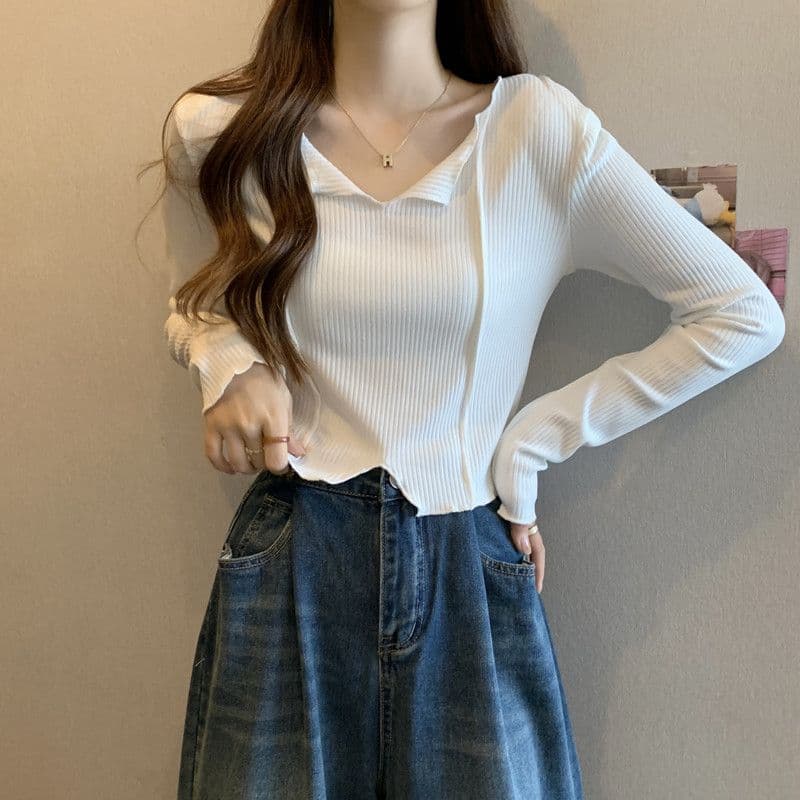 프랑스식 쇄골 V넥 인사이드 가져 가라. 긴팔 여성 디자인 센스 외국 가스 고유 한 Chic 작은 키 짧은 맨위 이미지 3