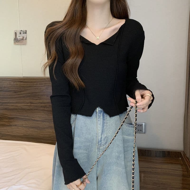 프랑스식 쇄골 V넥 인사이드 가져 가라. 긴팔 여성 디자인 센스 외국 가스 고유 한 Chic 작은 키 짧은 맨위 이미지 4