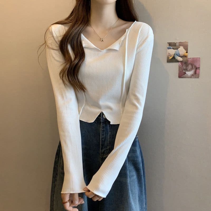 프랑스식 쇄골 V넥 인사이드 가져 가라. 긴팔 여성 디자인 센스 외국 가스 고유 한 Chic 작은 키 짧은 맨위 상세 이미지 10