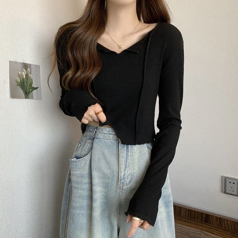 프랑스식 쇄골 V넥 인사이드 가져 가라. 긴팔 여성 디자인 센스 외국 가스 고유 한 Chic 작은 키 짧은 맨위 상세 이미지 17
