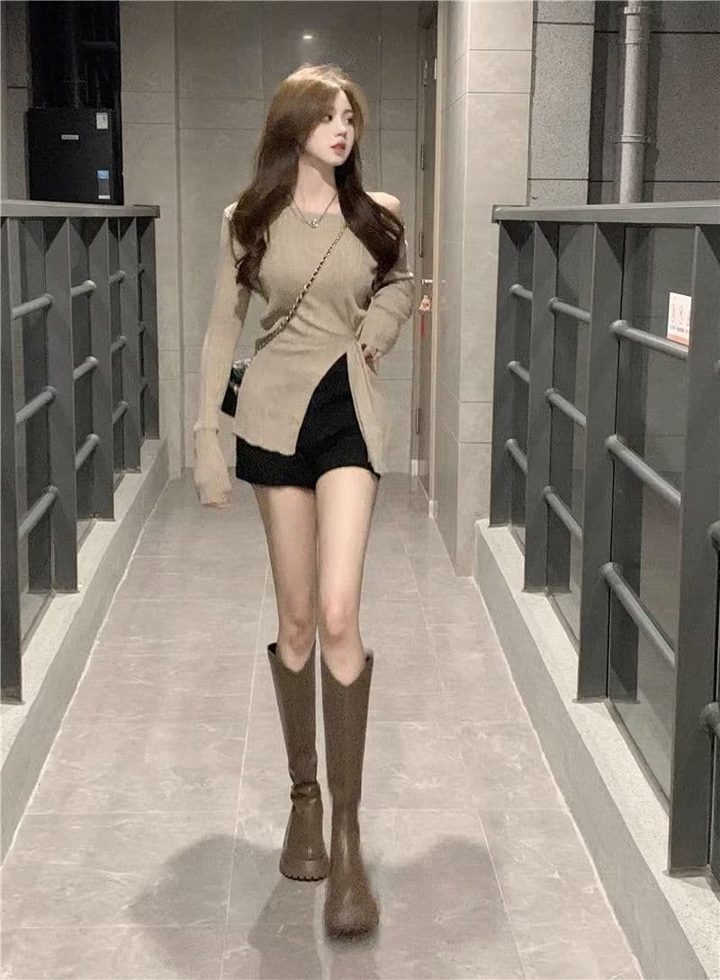 디자인 센스 작은 대중 순수한 욕망 바람 오프숄더 니트 스웨터 여성 조기 가을 섹시함 몸매 가꾸기 맨위 이미지 2
