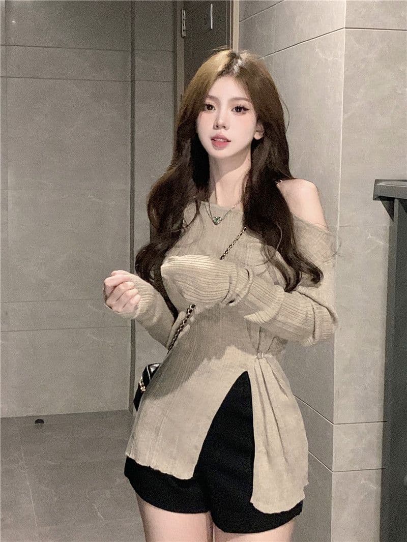 디자인 센스 작은 대중 순수한 욕망 바람 오프숄더 니트 스웨터 여성 조기 가을 섹시함 몸매 가꾸기 맨위 상세 이미지 8