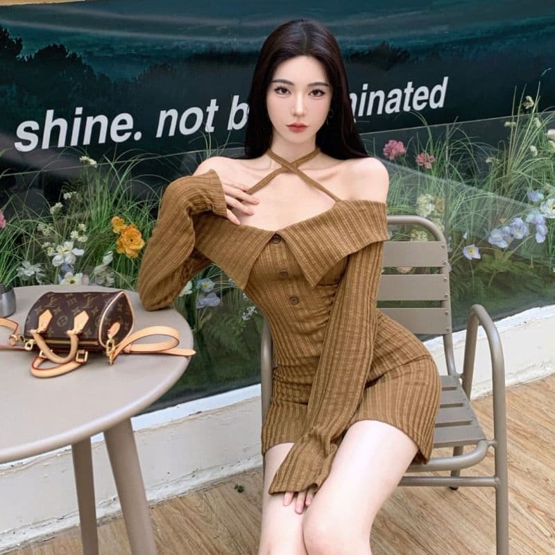 여름 새로운 스트랩 오프숄더 순수한 욕망 니트 드레스 핫걸 섹시함 긴팔 폴로 칼라 타이트 스커트 치마 이미지 4