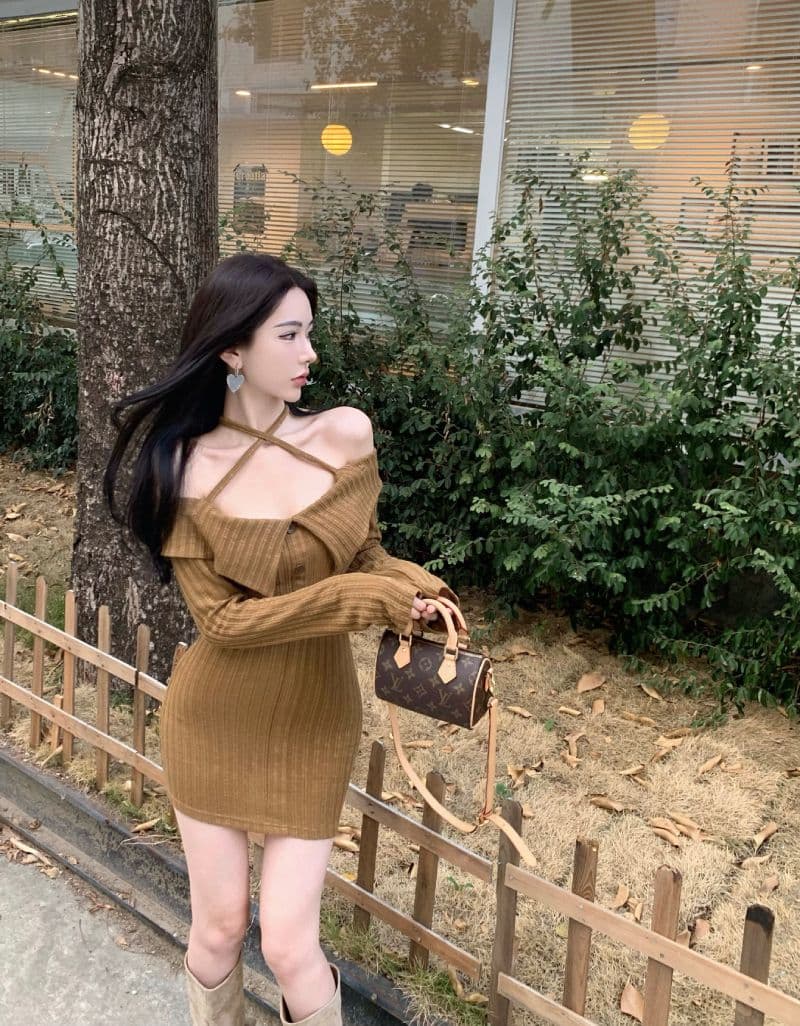 여름 새로운 스트랩 오프숄더 순수한 욕망 니트 드레스 핫걸 섹시함 긴팔 폴로 칼라 타이트 스커트 치마 상세 이미지 19