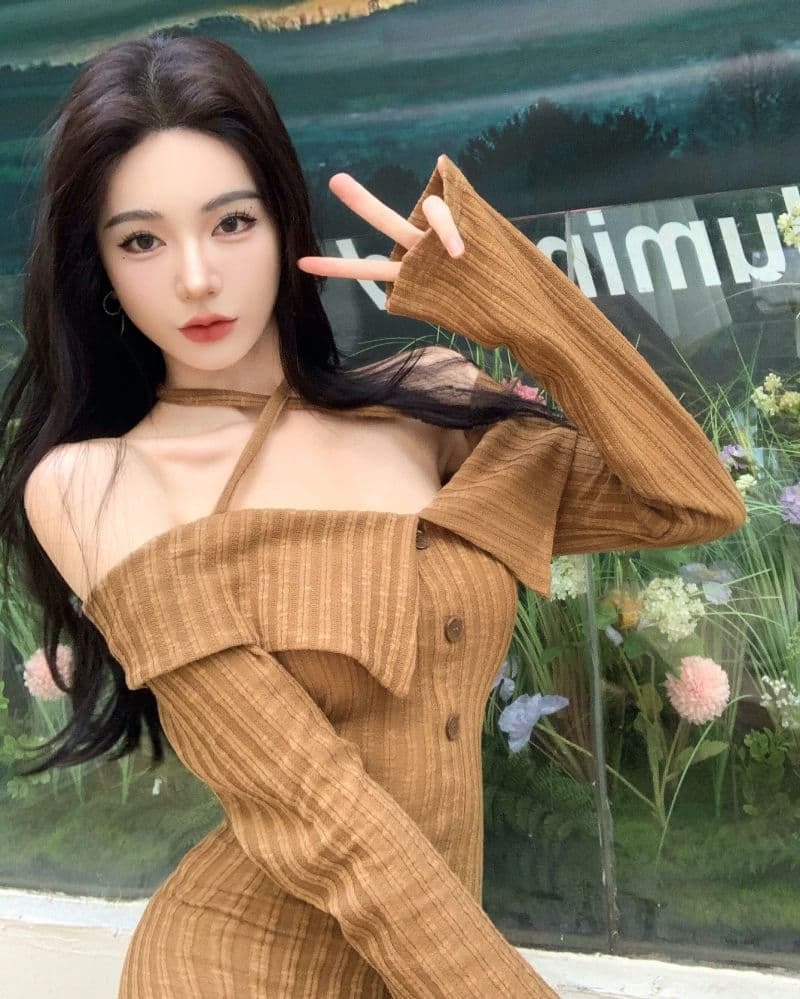 여름 새로운 스트랩 오프숄더 순수한 욕망 니트 드레스 핫걸 섹시함 긴팔 폴로 칼라 타이트 스커트 치마 상세 이미지 21