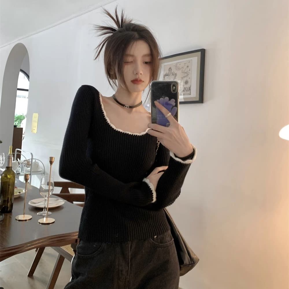 프랑스식 작은 샤넬 스타일 라운드 넥 레트로 품격 배색 몸매 가꾸기 만나는 맨위 쇼트 스타일 인사이드 가져 가라. 니트 이미지 5