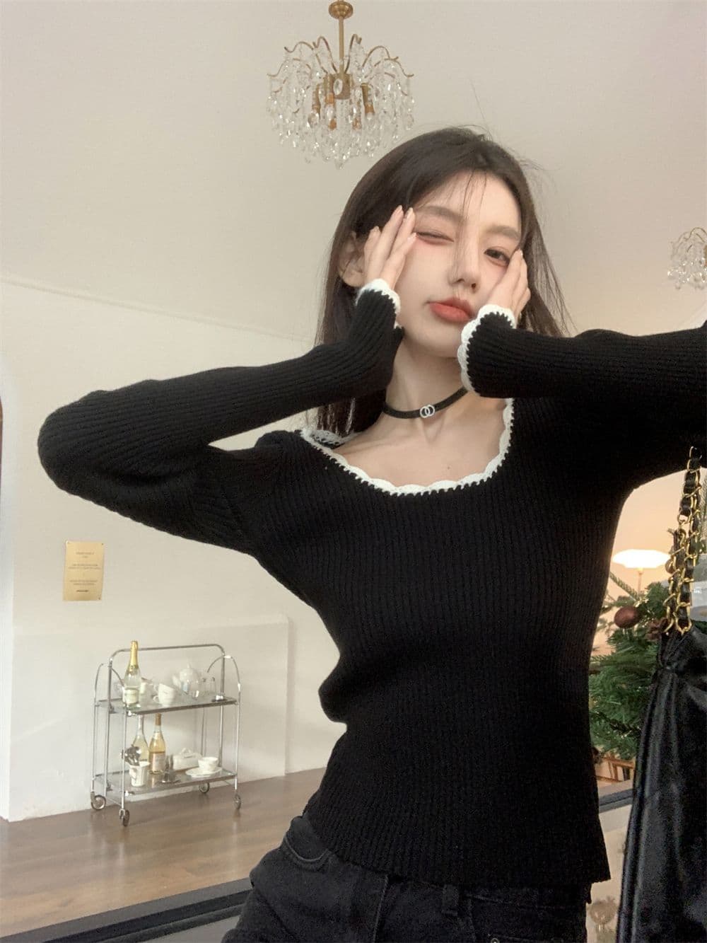 프랑스식 작은 샤넬 스타일 라운드 넥 레트로 품격 배색 몸매 가꾸기 만나는 맨위 쇼트 스타일 인사이드 가져 가라. 니트 상세 이미지 6
