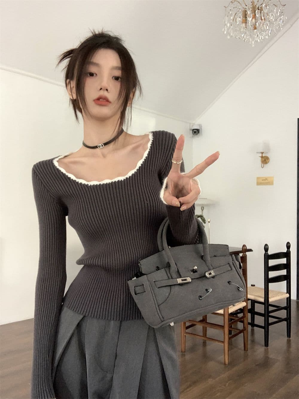 프랑스식 작은 샤넬 스타일 라운드 넥 레트로 품격 배색 몸매 가꾸기 만나는 맨위 쇼트 스타일 인사이드 가져 가라. 니트 상세 이미지 7