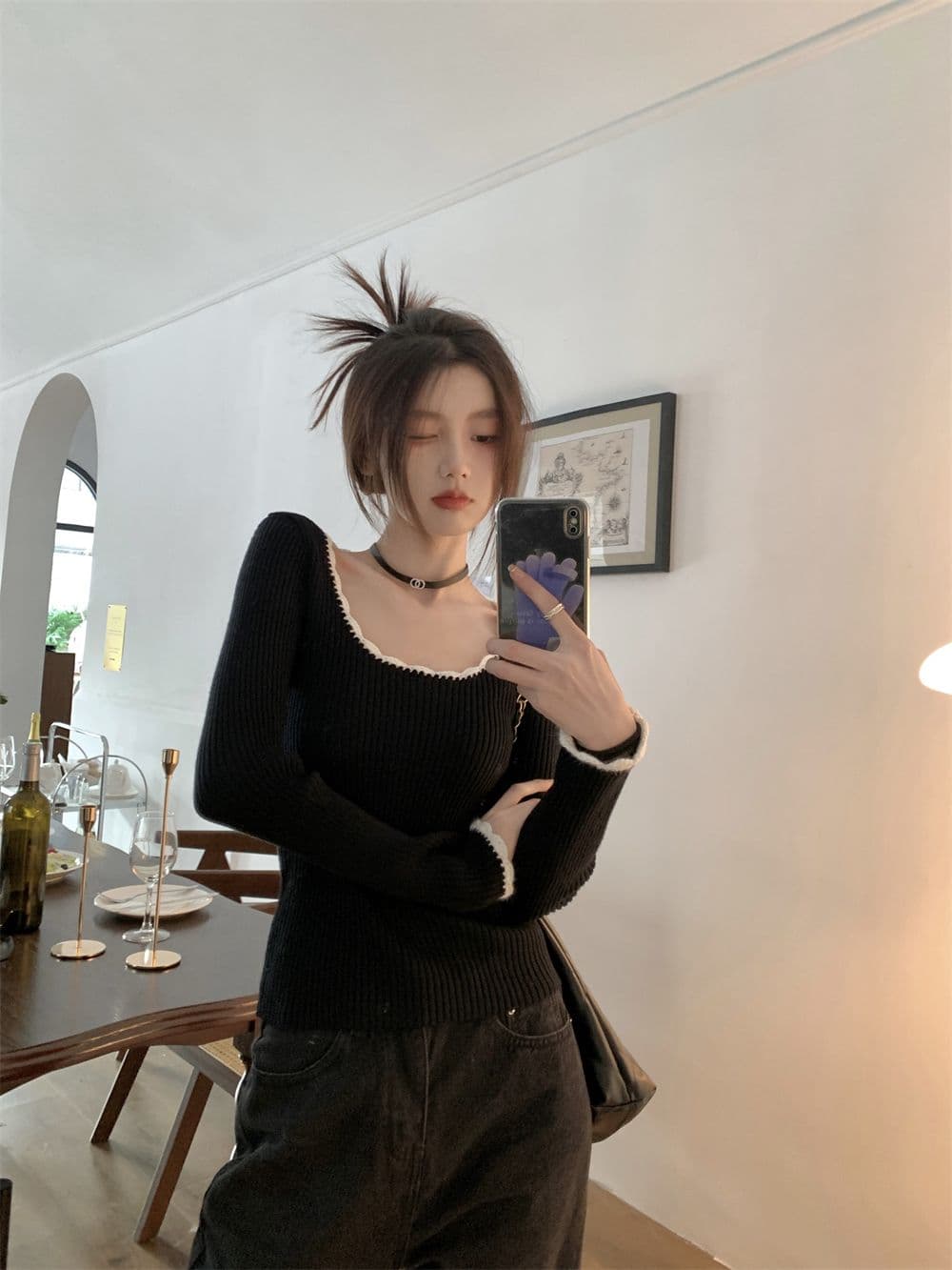 프랑스식 작은 샤넬 스타일 라운드 넥 레트로 품격 배색 몸매 가꾸기 만나는 맨위 쇼트 스타일 인사이드 가져 가라. 니트 상세 이미지 9
