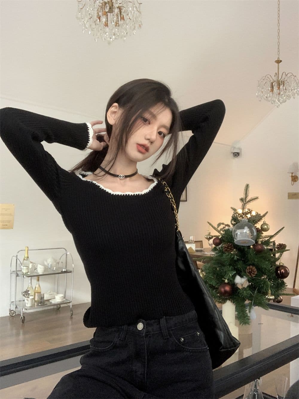 프랑스식 작은 샤넬 스타일 라운드 넥 레트로 품격 배색 몸매 가꾸기 만나는 맨위 쇼트 스타일 인사이드 가져 가라. 니트 상세 이미지 10