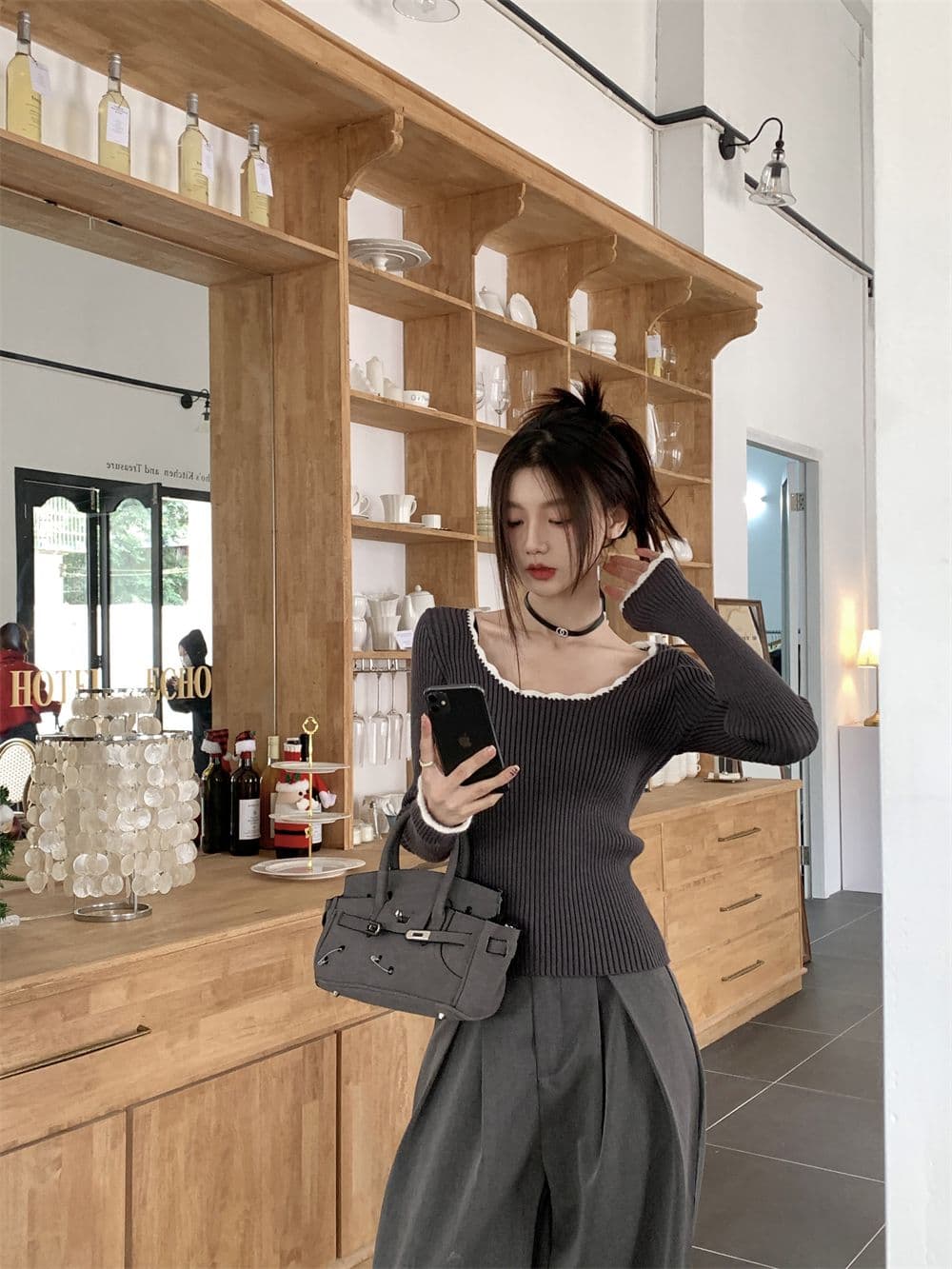 프랑스식 작은 샤넬 스타일 라운드 넥 레트로 품격 배색 몸매 가꾸기 만나는 맨위 쇼트 스타일 인사이드 가져 가라. 니트 상세 이미지 12