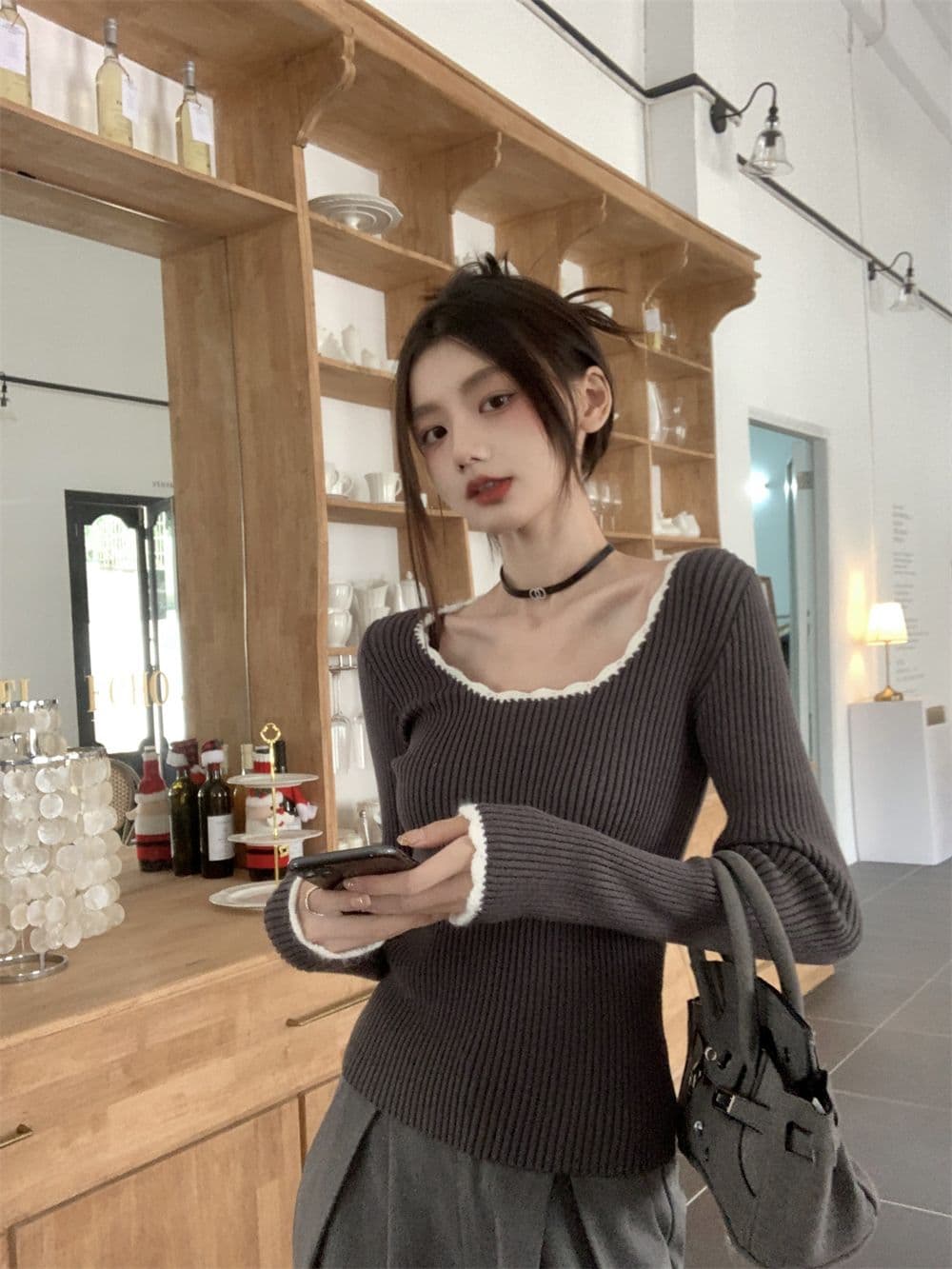 프랑스식 작은 샤넬 스타일 라운드 넥 레트로 품격 배색 몸매 가꾸기 만나는 맨위 쇼트 스타일 인사이드 가져 가라. 니트 상세 이미지 14