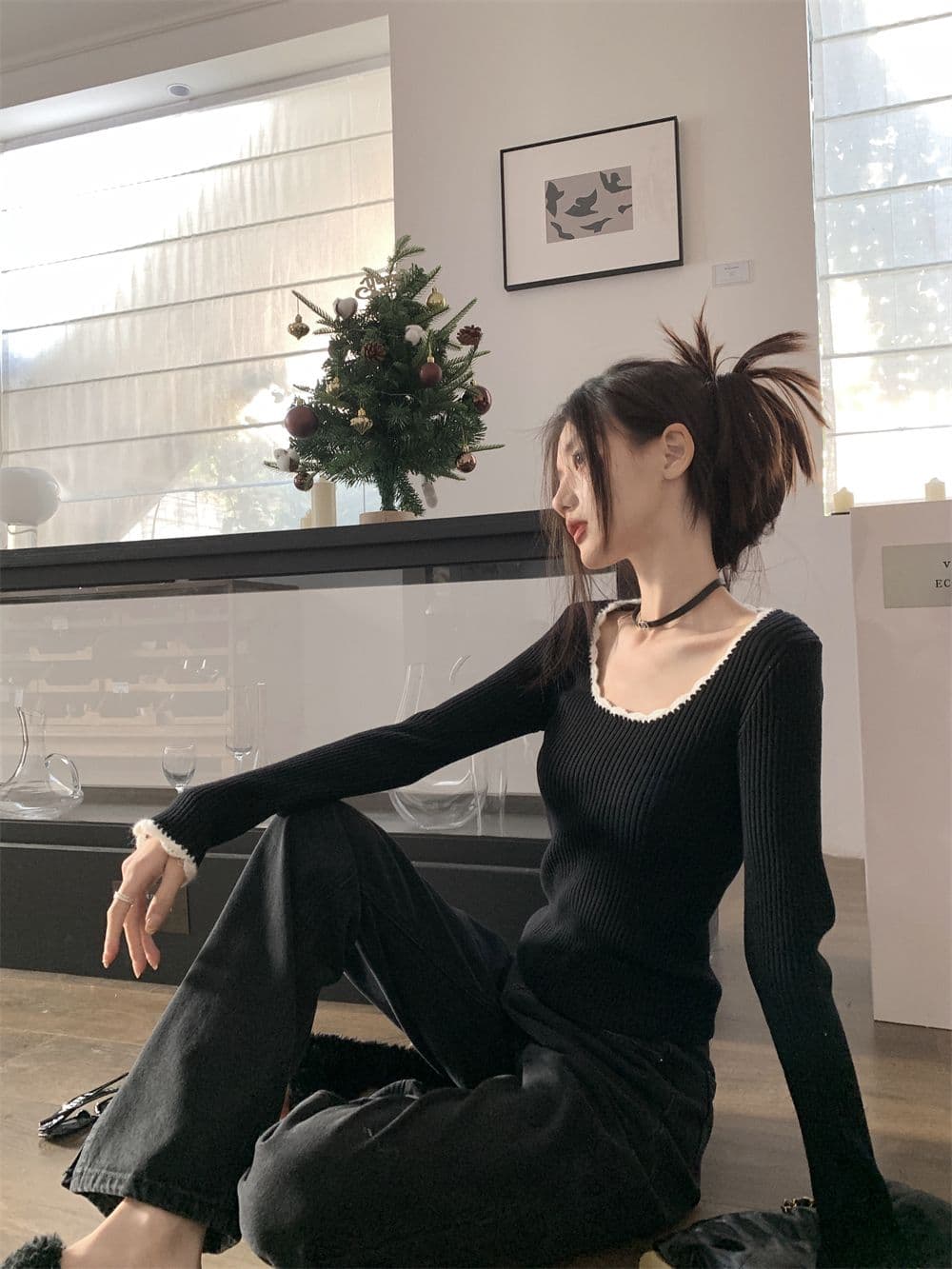 프랑스식 작은 샤넬 스타일 라운드 넥 레트로 품격 배색 몸매 가꾸기 만나는 맨위 쇼트 스타일 인사이드 가져 가라. 니트 상세 이미지 15