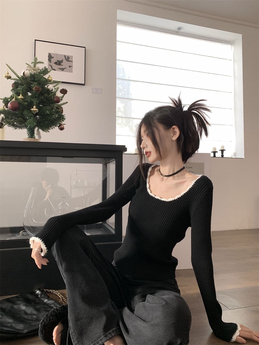 프랑스식 작은 샤넬 스타일 라운드 넥 레트로 품격 배색 몸매 가꾸기 만나는 맨위 쇼트 스타일 인사이드 가져 가라. 니트 상세 이미지 16