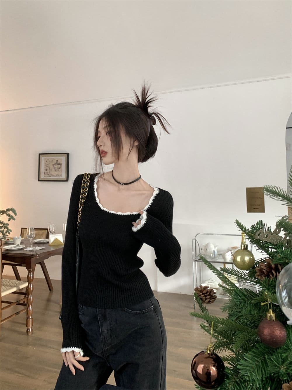 프랑스식 작은 샤넬 스타일 라운드 넥 레트로 품격 배색 몸매 가꾸기 만나는 맨위 쇼트 스타일 인사이드 가져 가라. 니트 상세 이미지 18