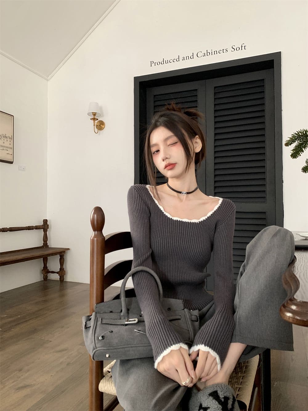 프랑스식 작은 샤넬 스타일 라운드 넥 레트로 품격 배색 몸매 가꾸기 만나는 맨위 쇼트 스타일 인사이드 가져 가라. 니트 상세 이미지 26