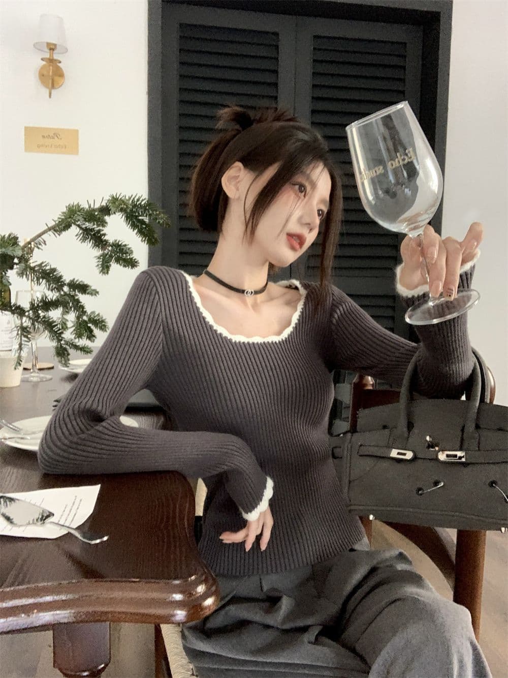 프랑스식 작은 샤넬 스타일 라운드 넥 레트로 품격 배색 몸매 가꾸기 만나는 맨위 쇼트 스타일 인사이드 가져 가라. 니트 상세 이미지 27