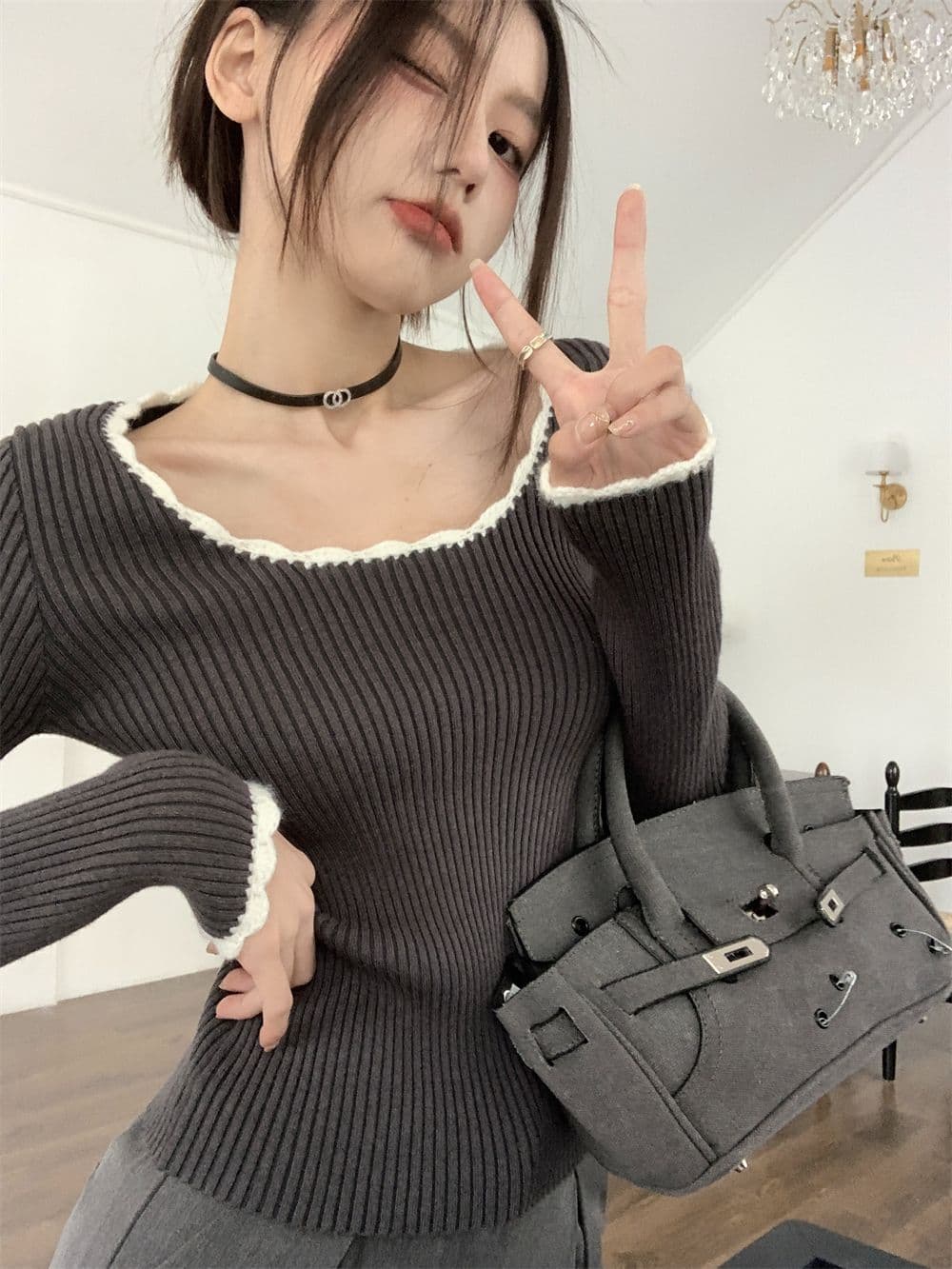 프랑스식 작은 샤넬 스타일 라운드 넥 레트로 품격 배색 몸매 가꾸기 만나는 맨위 쇼트 스타일 인사이드 가져 가라. 니트 상세 이미지 28