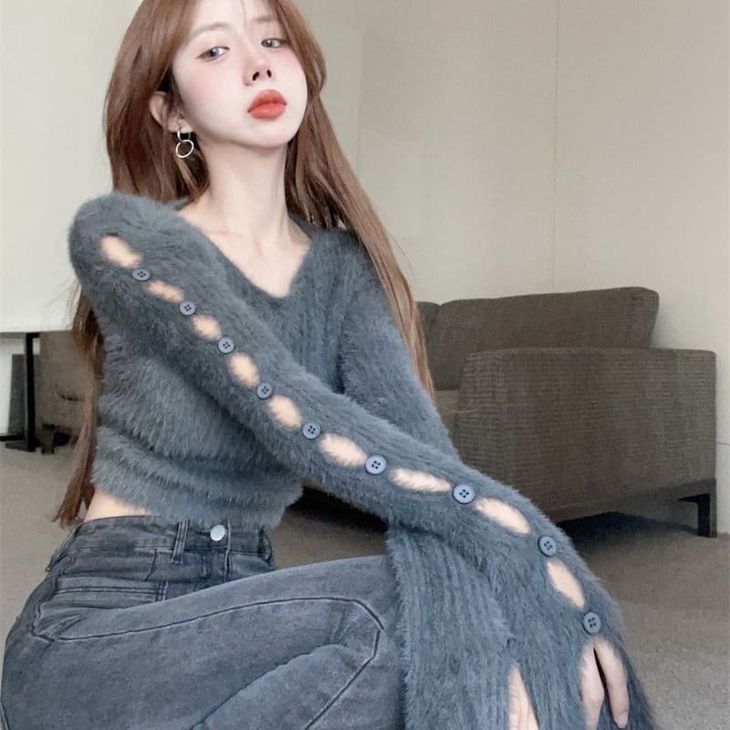 핫걸 부드러운 찹쌀 디자인 센스 단추 찢어진 부분 니트 스웨터 여자 봄 순수한 욕망 만나는 쇼트 스타일 맨위