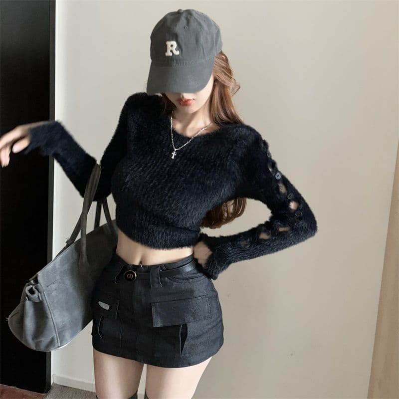 핫걸 부드러운 찹쌀 디자인 센스 단추 찢어진 부분 니트 스웨터 여자 봄 순수한 욕망 만나는 쇼트 스타일 맨위 상세 이미지 4