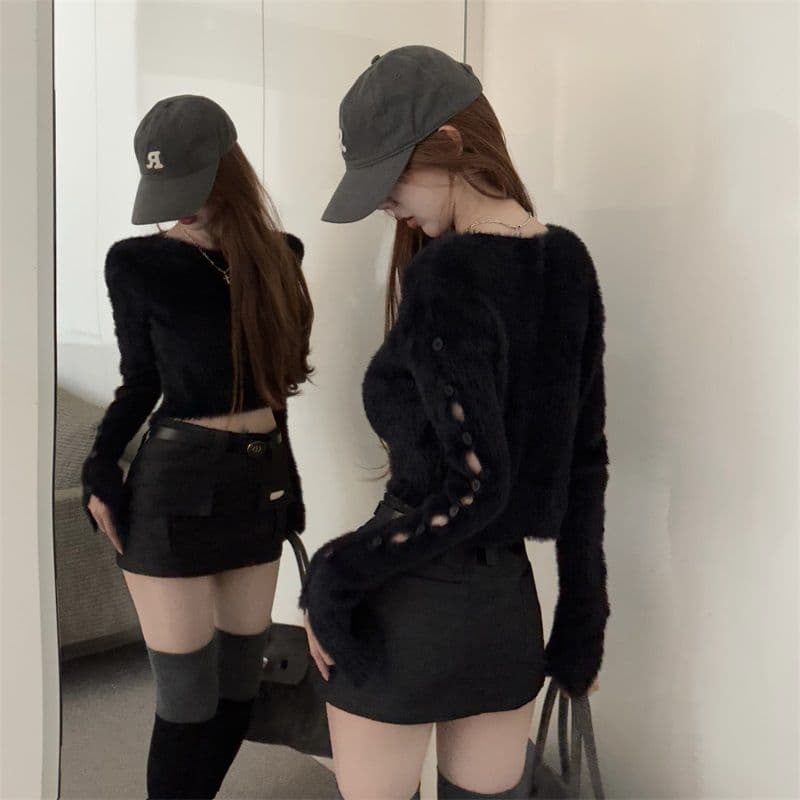 핫걸 부드러운 찹쌀 디자인 센스 단추 찢어진 부분 니트 스웨터 여자 봄 순수한 욕망 만나는 쇼트 스타일 맨위 상세 이미지 5