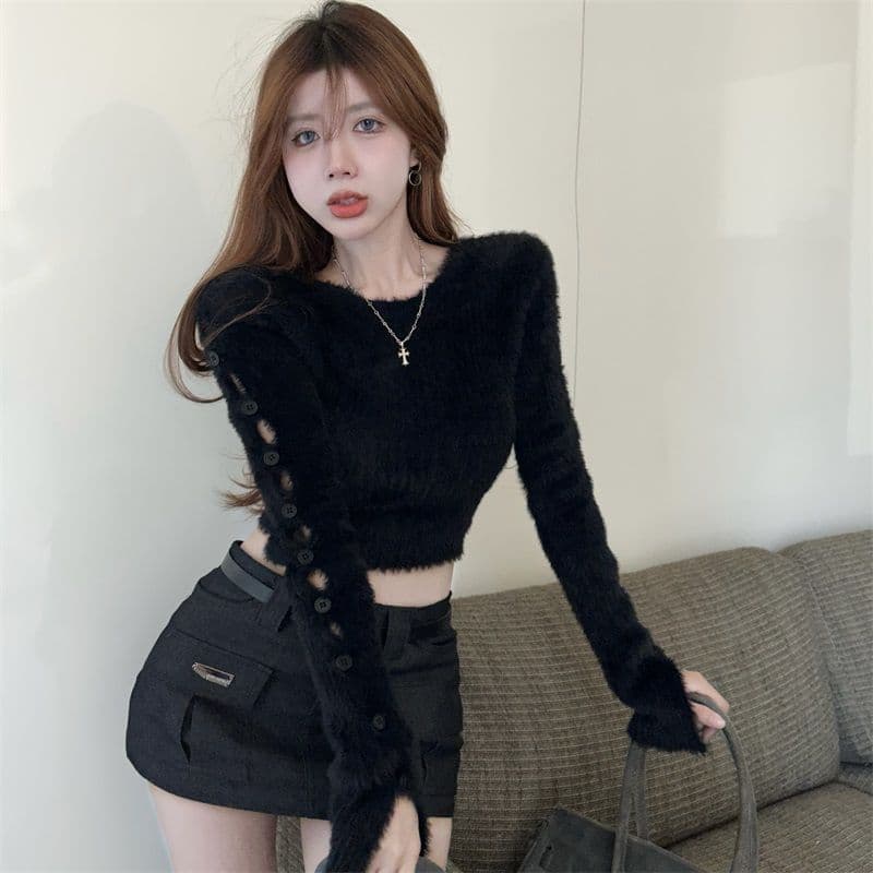 핫걸 부드러운 찹쌀 디자인 센스 단추 찢어진 부분 니트 스웨터 여자 봄 순수한 욕망 만나는 쇼트 스타일 맨위 상세 이미지 6