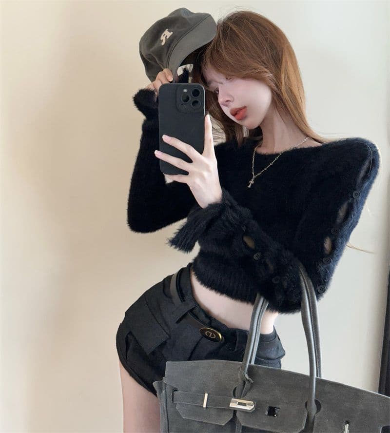 핫걸 부드러운 찹쌀 디자인 센스 단추 찢어진 부분 니트 스웨터 여자 봄 순수한 욕망 만나는 쇼트 스타일 맨위 상세 이미지 10