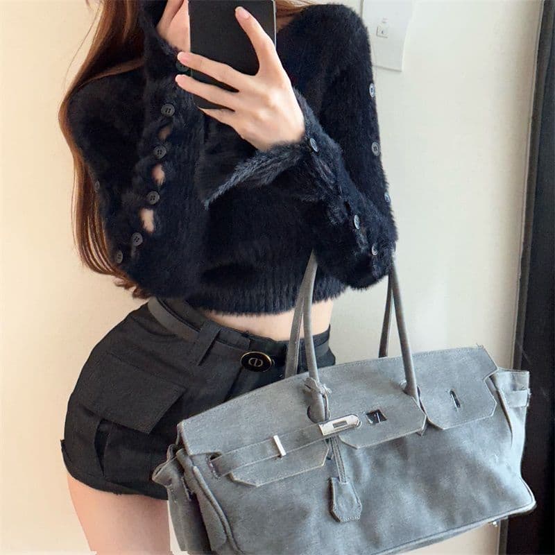 핫걸 부드러운 찹쌀 디자인 센스 단추 찢어진 부분 니트 스웨터 여자 봄 순수한 욕망 만나는 쇼트 스타일 맨위 상세 이미지 11